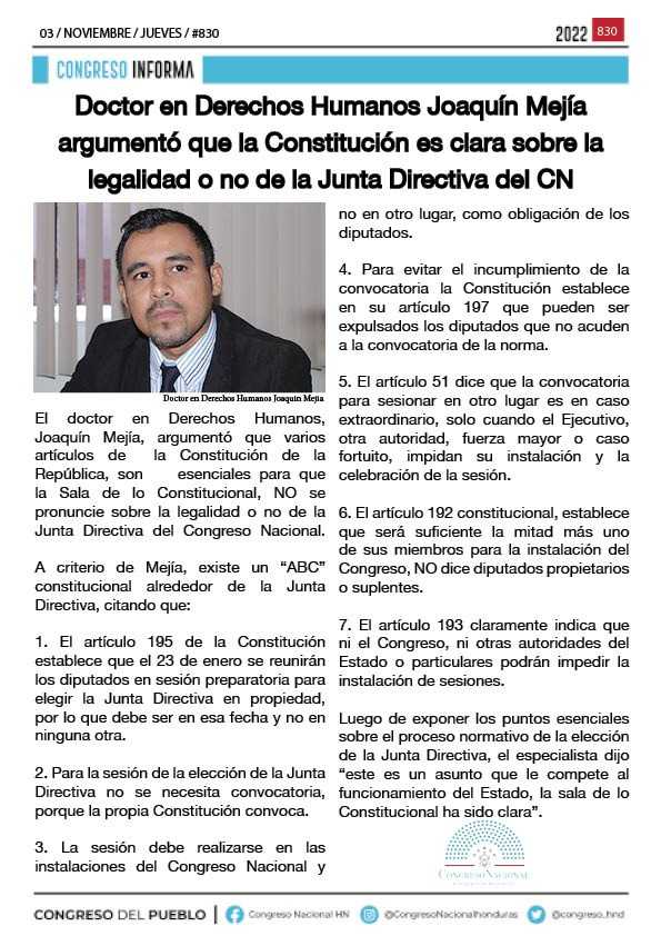 Doctor en Derechos Humanos Joaquín Mejía argumentó que la Constitución es clara sobre la legalidad o no de la Junta Directiva del CN